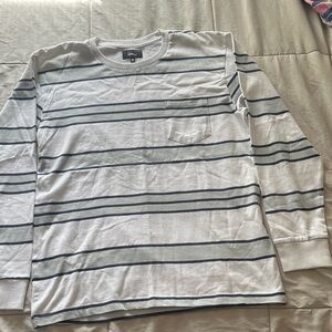 GAP Men's White and Blue Striped Long Sleeve Tee